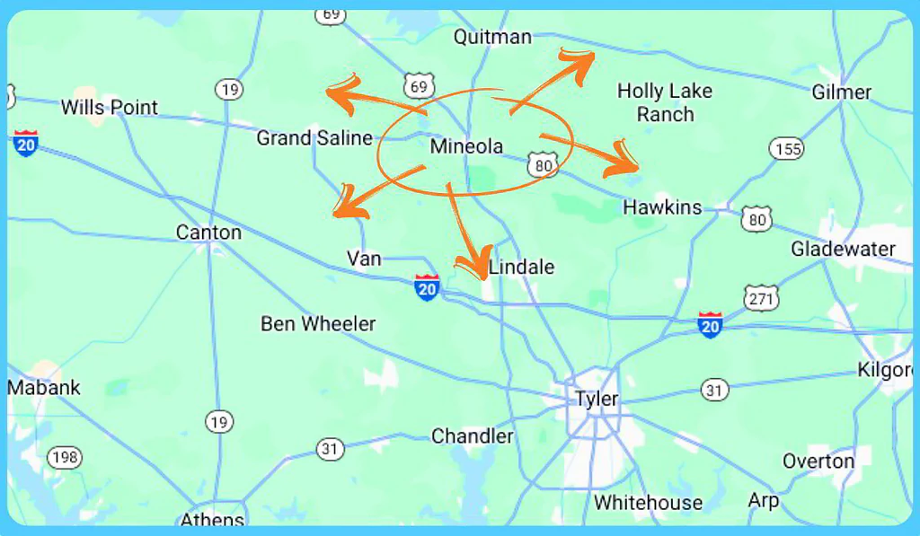 Map of the East Texas towns served by Honey-Do Hero