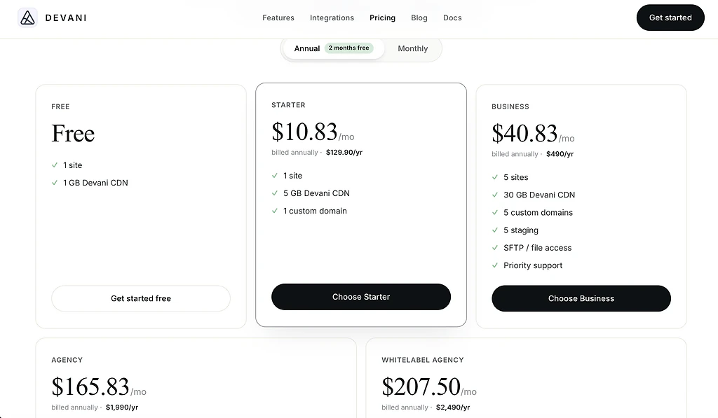 Devani plan selection showing the available paid plans