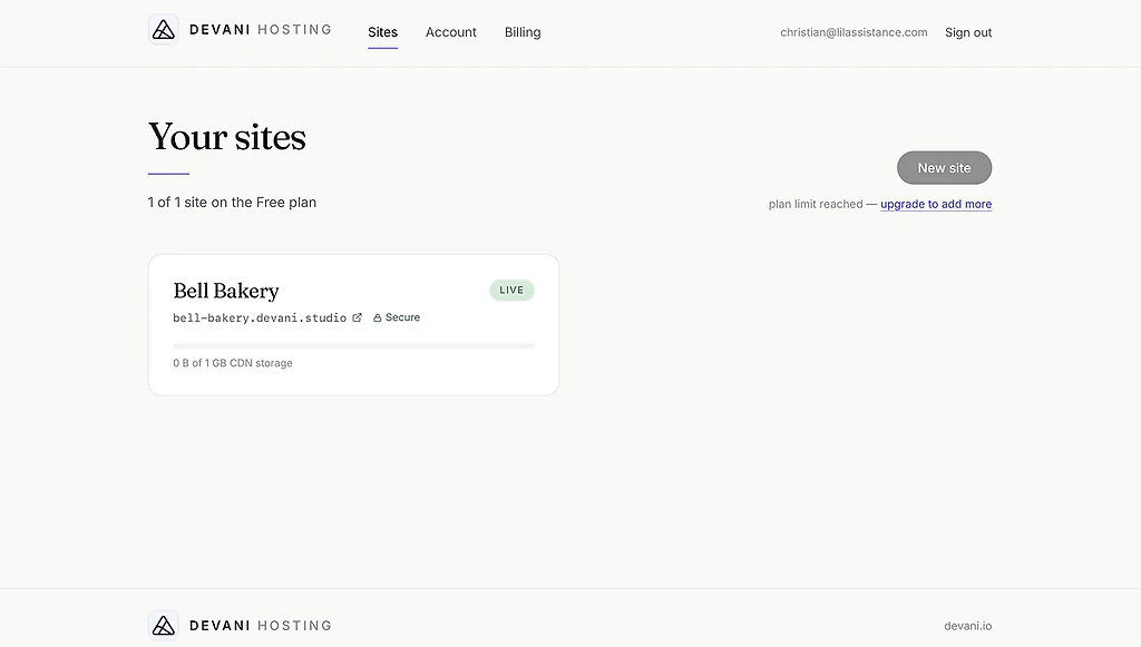 The Devani dashboard with Billing highlighted in the navigation