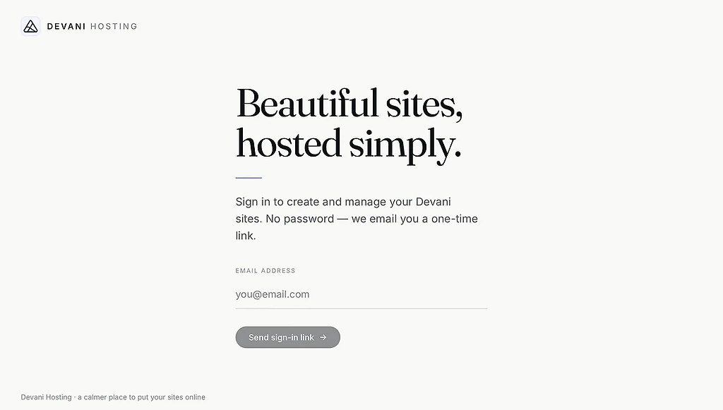 The Devani login screen with an email field