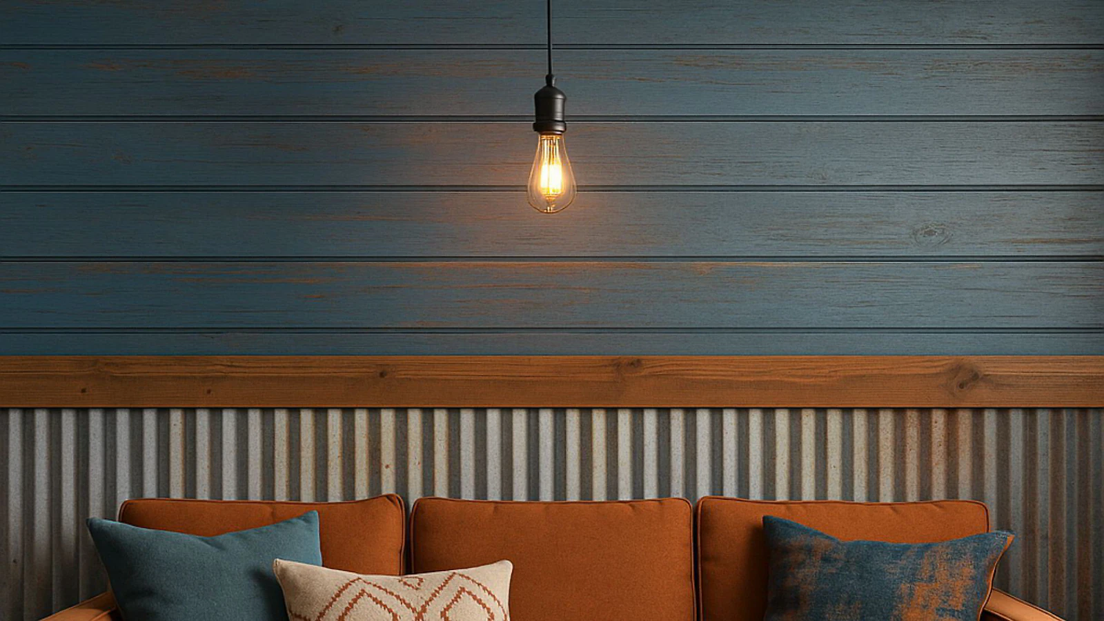 Living room with a corrugated metal accent wall