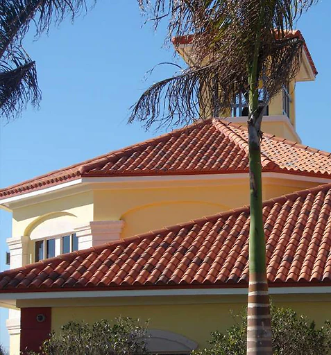 Red clay tile roof on a Mediterranean-style home