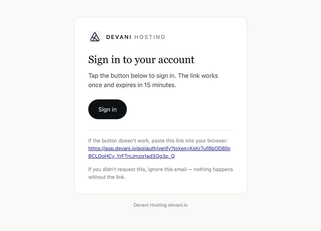 The magic link login email from Devani