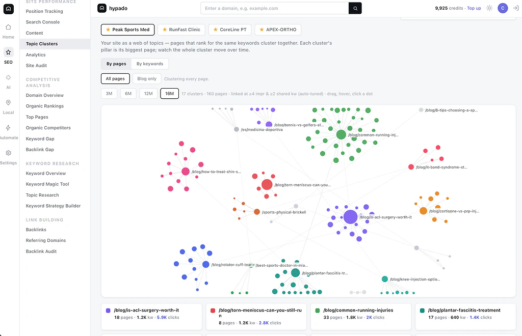 Hypado topic cluster dashboard grouping pages and keywords into clear SEO opportunities