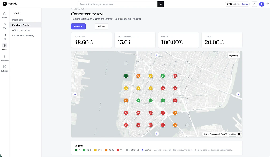 Hypado local rank grid showing different Google Maps positions across a service area